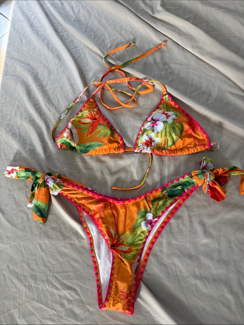 Tropical Orange Floral Tie-Side Bikini